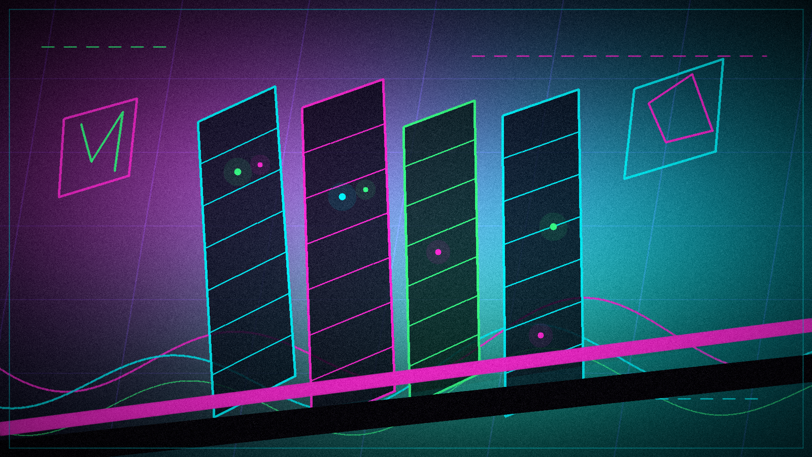Abstract neon cyberpunk server racks with colorful local-first hacker lab energy.