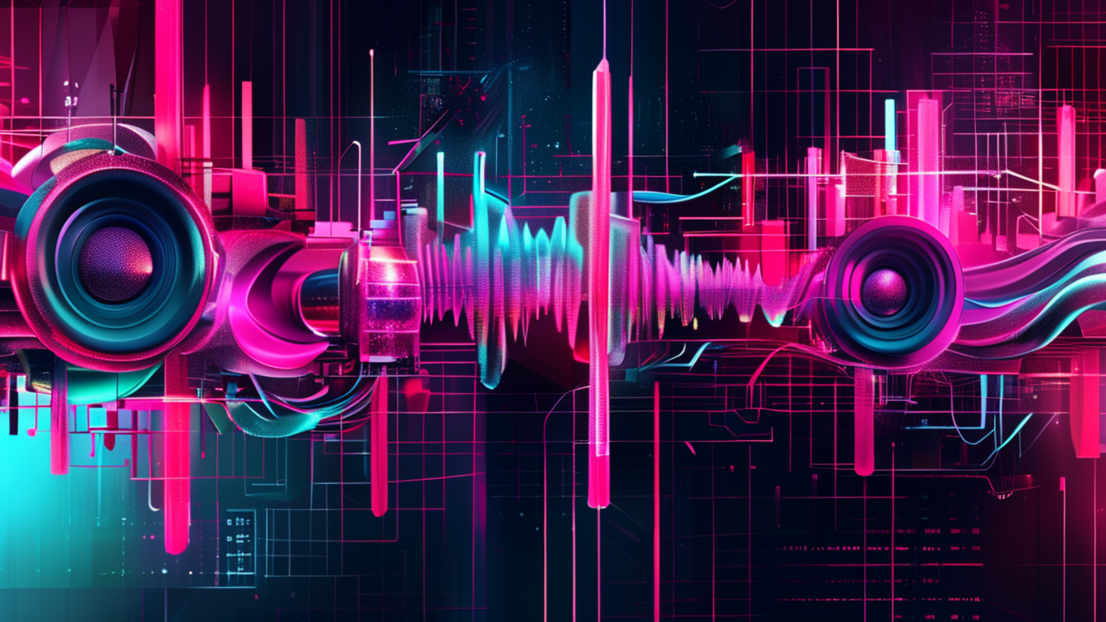Abstract neon cyberpunk audio engine with waveform ribbons, speakers and circuit traces in magenta, cyan and teal