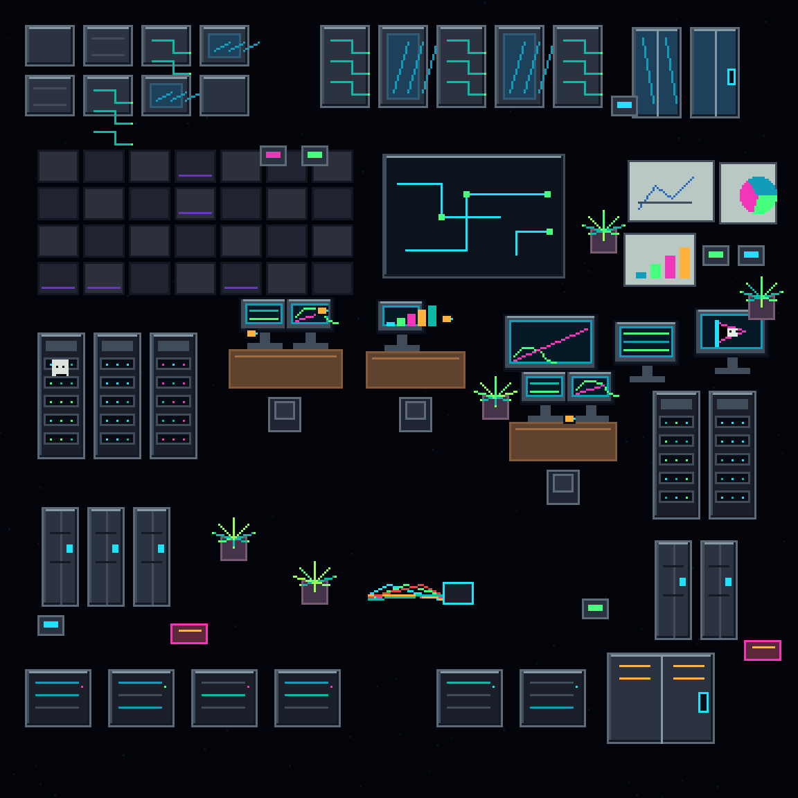 Retro pixel-art cyberpunk server room with monitors, server racks, cables, and neon dashboards.