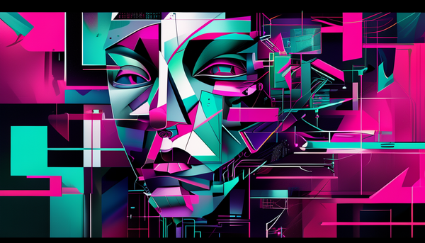 Cubist neopunk portrait of a machine merging with circuitry, in magenta, cyan and teal