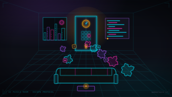 Neopunk cyber-apartment escape room: a sealed door with a dial lock and keypad, a neon skyline window, and abstract puzzle pieces converging on the lock.